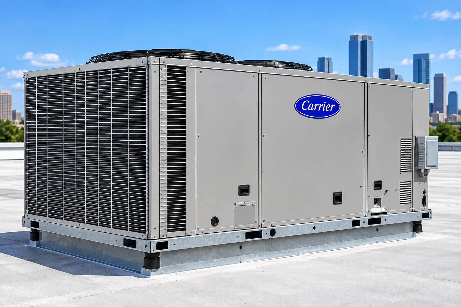 Carrier commercial rooftop HVAC unit installed on commercial building